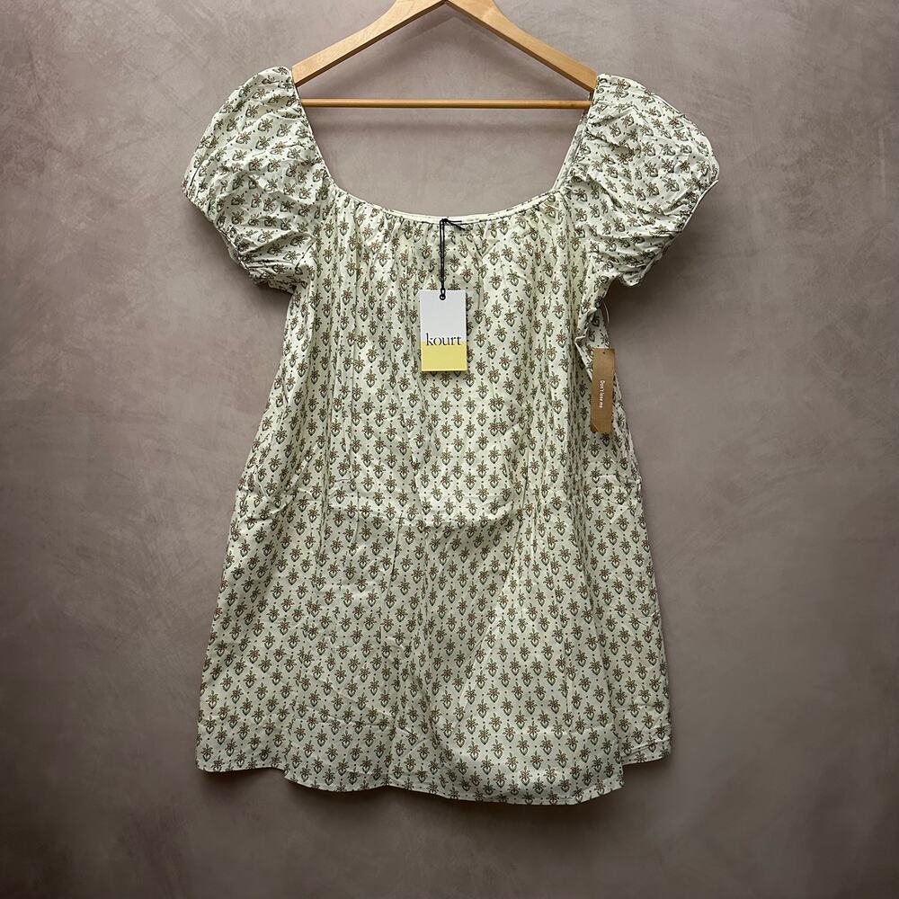 Few Moda Nya Dress Cream Green Floral Block Print Puff Sleeve Cotton L Babydoll